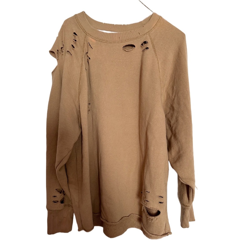 Aerie Distressed City Oversized Crewneck in Tan Taupe